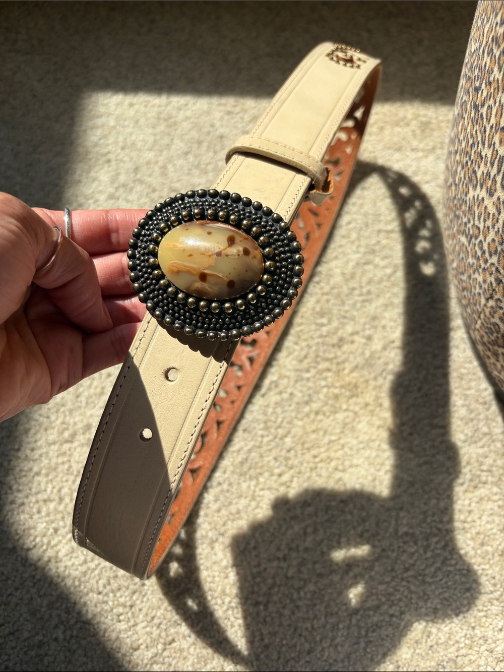 Beige Women's Size L Genuine Leather Belt with Decorative Stone Buckle - Use